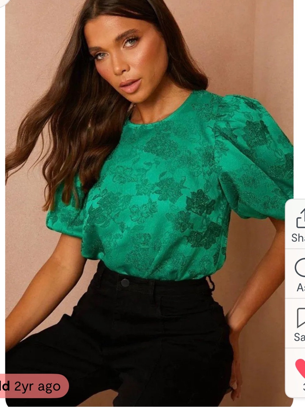 Women's Green Puff-Sleeve Floral Jacquard Top